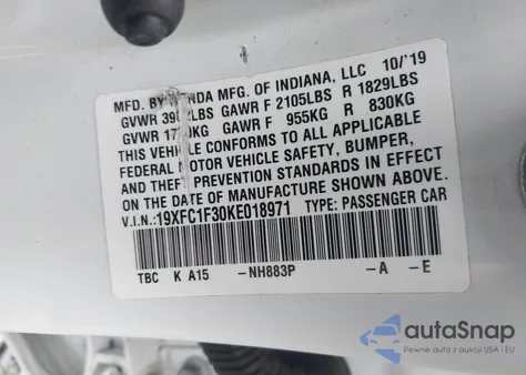 2019 Honda Civic Ex z USA, uszkodzony, nr VIN 19XFC1F30KE018971